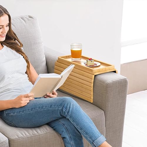 Miniatura 6 de Mesa de bambú para brazo de sofá, bandeja de brazo de sofá con bandeja extraíble extra, bandeja antideslizante para reposabrazos de sofá, bandeja