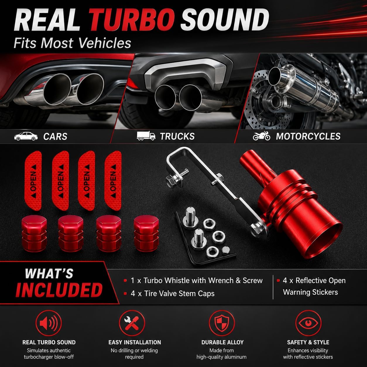 Turbo Whistle for Exhaust Pipe, Universal Aluminum Alloy Car Turbo Whistle for SUV, Sedan, Truck, Produce Turbo Roar Sound, with 4 fluorescent tire valve caps and 4 reflective warning stickers.