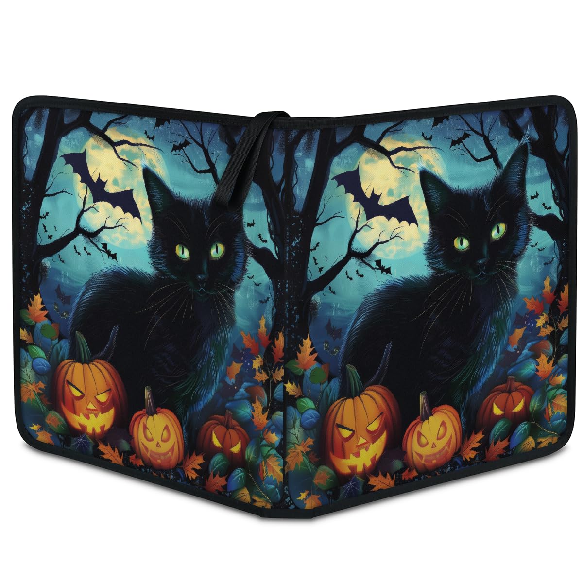 Raccoglitore per carte collezionabili con 4 tasche, motivo gatto nero, per Halloween, con maniche rimovibili, impermeabile, con cerniera, 50 pagine, capacità 400 carte