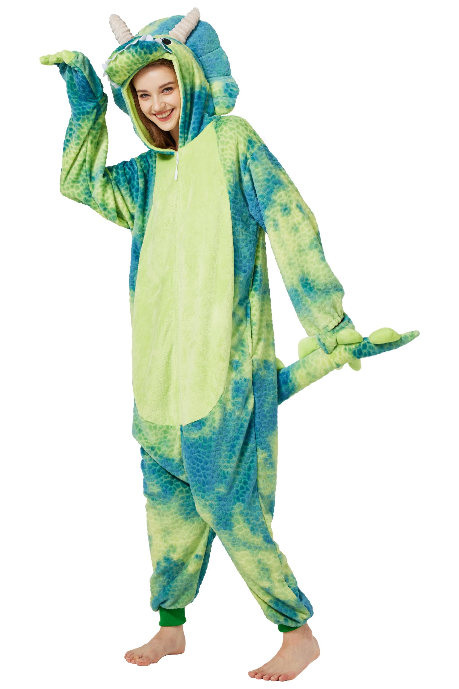 Loiahoer Unisex Erwachsene Triceratops Onesie Kostüm Pyjama Tie-dye Dinosaurier Karneval Halloween Cosplay Kostüm Neuheit Tier Weihnachten Schlafanzug Pyjama Set für Familie & Paare