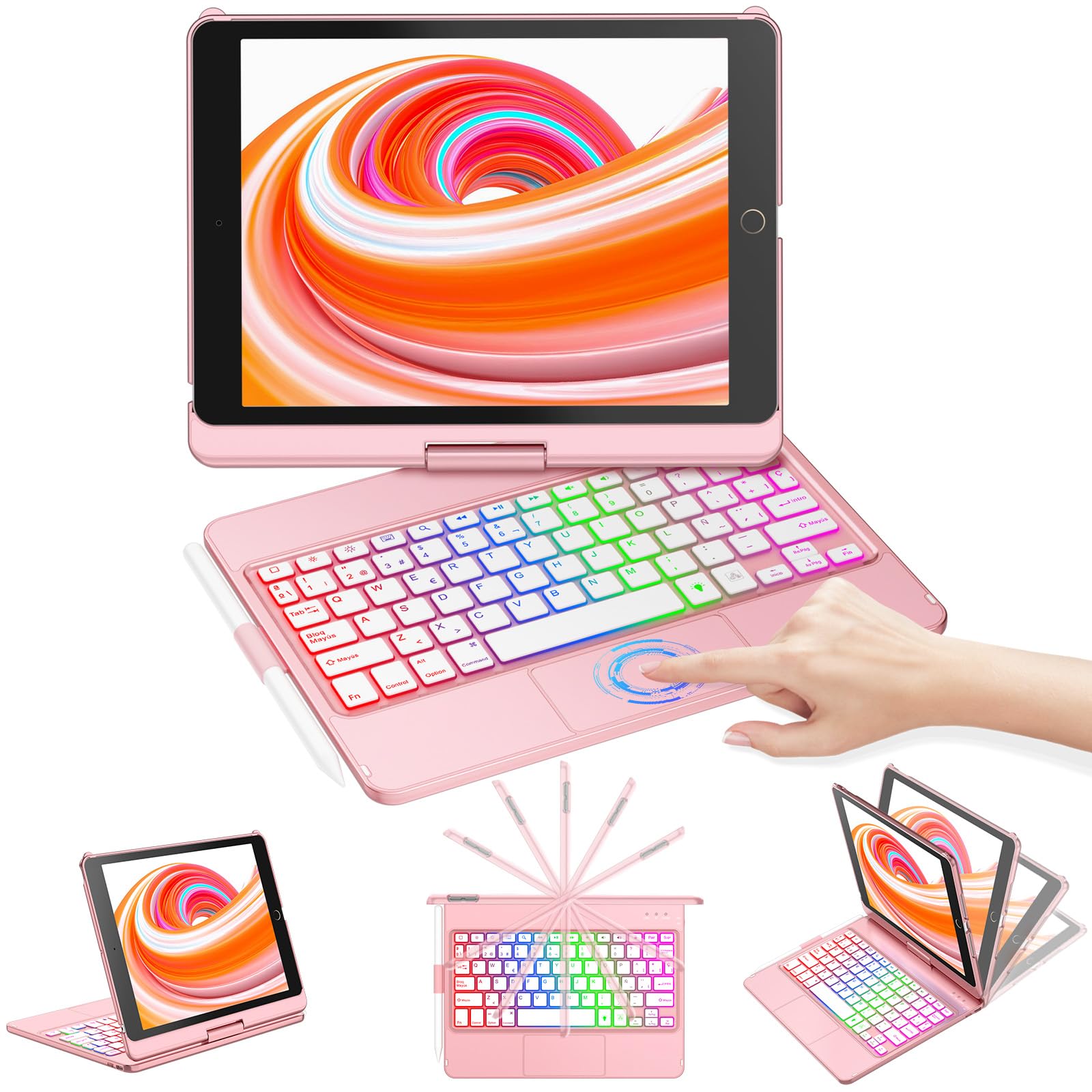 CC Store Funda Teclado para iPad de 9.ª Generación y 8.ª/ 7.ªGen | 360°Rotable,Retroiluminación de 7 colores con Soporte para Lápiz,para iPad 9ª/8ª/7ªGen 10.2", Español Ñ, QWERTY, Rose Gold