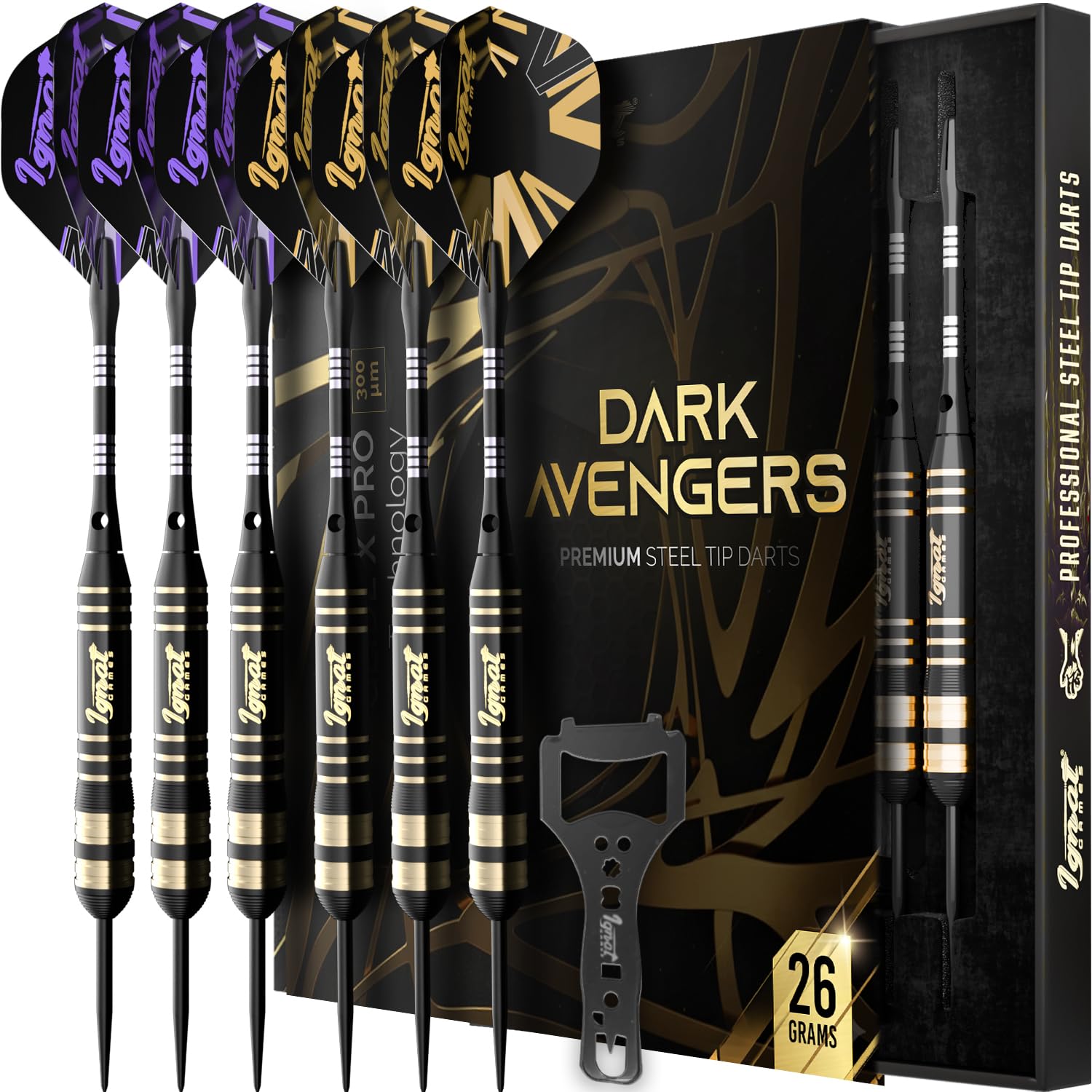Darts Metal Tip Set - Professional Darts with Stylish Case and Darts Guide, Steel Tip Darts Set with Aluminum Shafts + Rubber O'Rings + Extra Flights + Dart Sharpener and Wrench