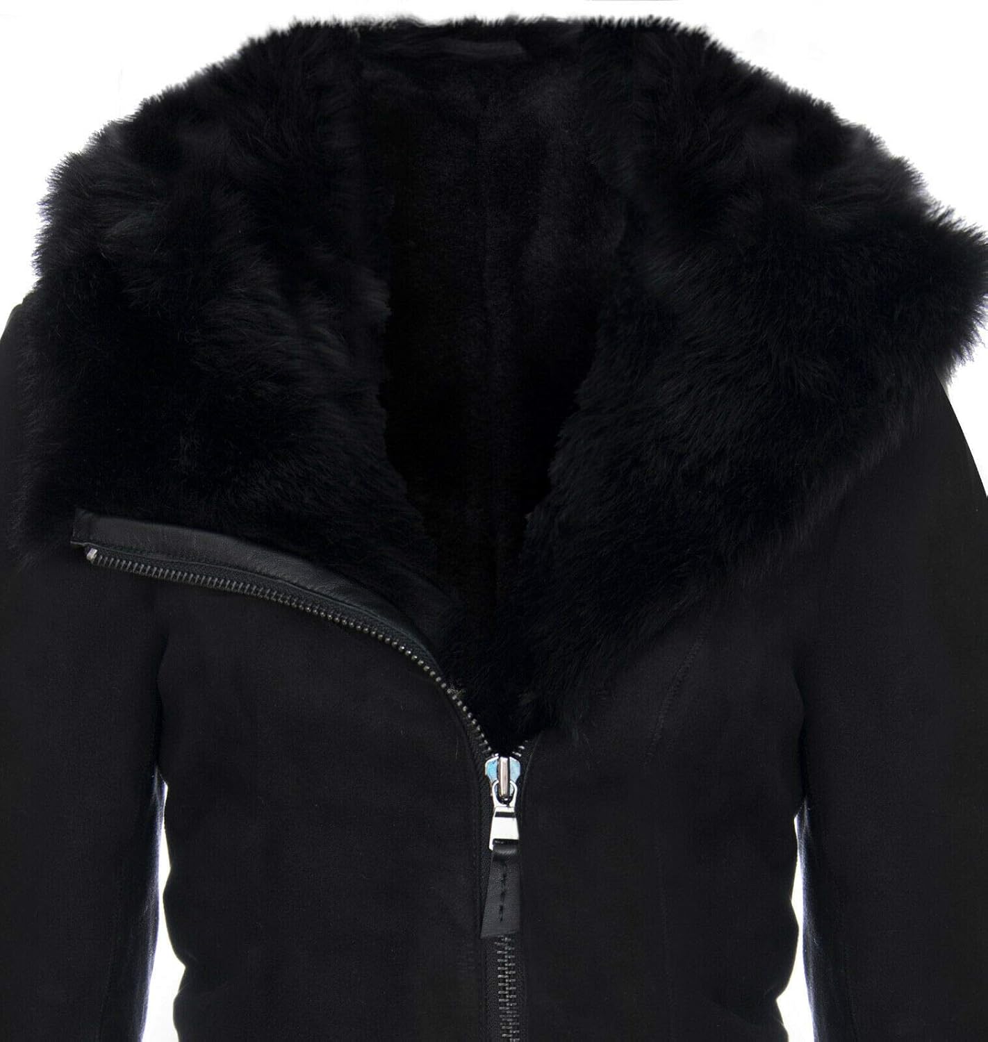 Infinity Leather Women's Black Hooded Suede Merino Shearling Sheepskin Toscana Jacket Coat