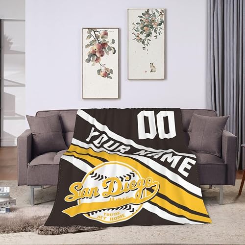 Custom Blanket for Bed Fans Gift Baseball City Name and Number Winter Summer Fleece Throw Blankets Personalized, 40"x50", 50"x60", 60"x80"
