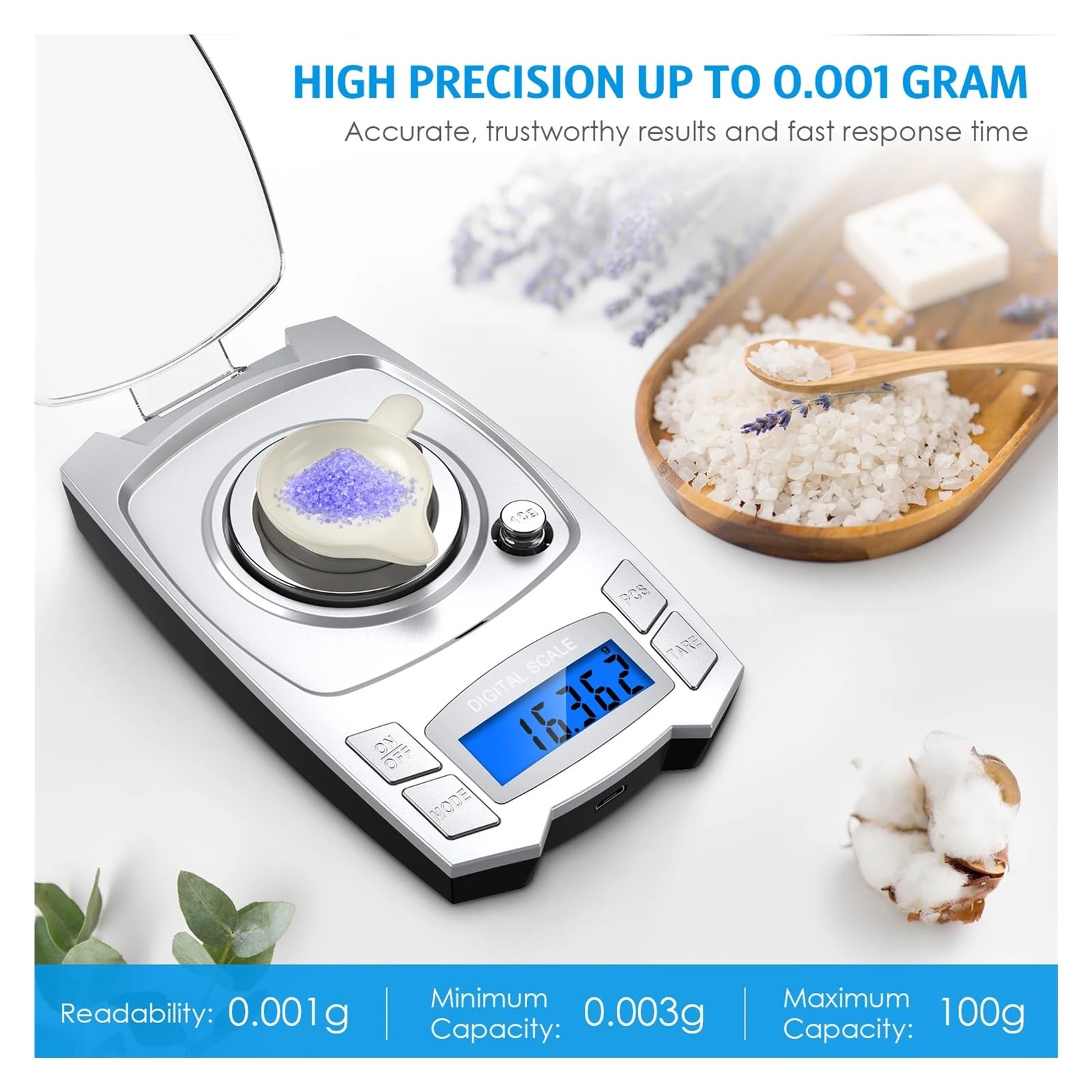 Básculas de cocina, Báscula electrónica de precisión de 0.001g, báscula de pesaje Digital con carga USB de 100g/50g, báscula portátil de peso for laboratorio, báscula de miligramos(100g)
