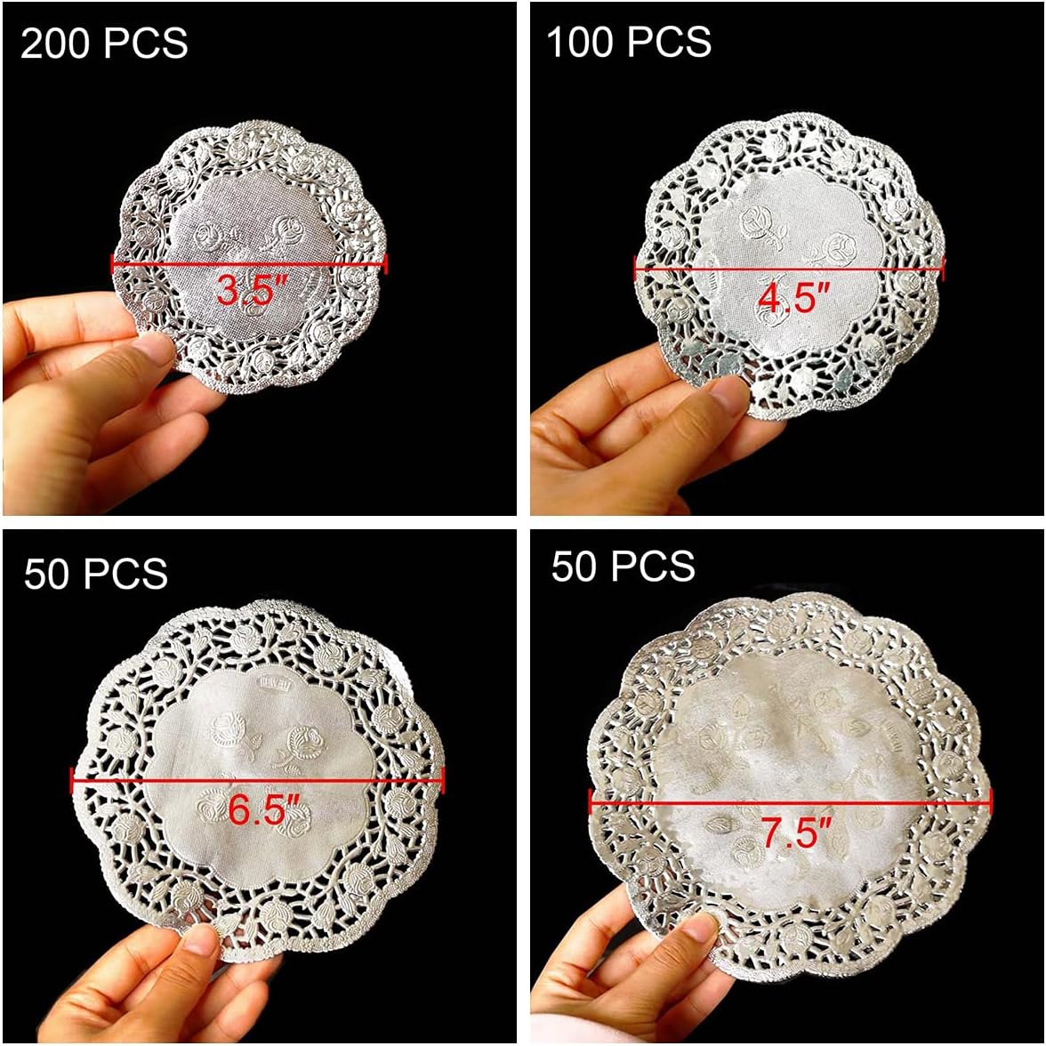 Queenbox 100pcs Silver 5.5inch Round Paper Lace Doilies, Solid Floral Placemats Disposable Doily Tableware Pad for Cake, Dessert, Wedding Birthday Party Tablewear Decoration