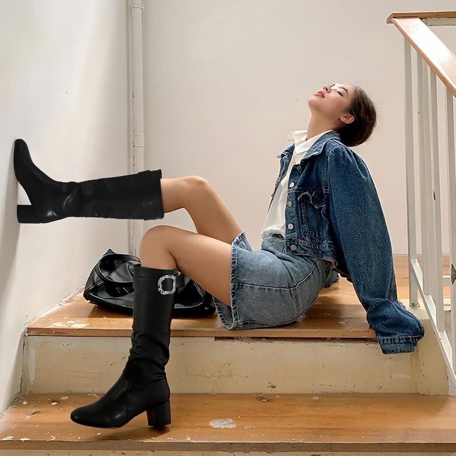 Cozivwaiy Knee High Boots For Women Black Chunky Heels Tall Boot Round Toe Mid Heel Comfortable Dress Shoes With Buckle Back Zipper