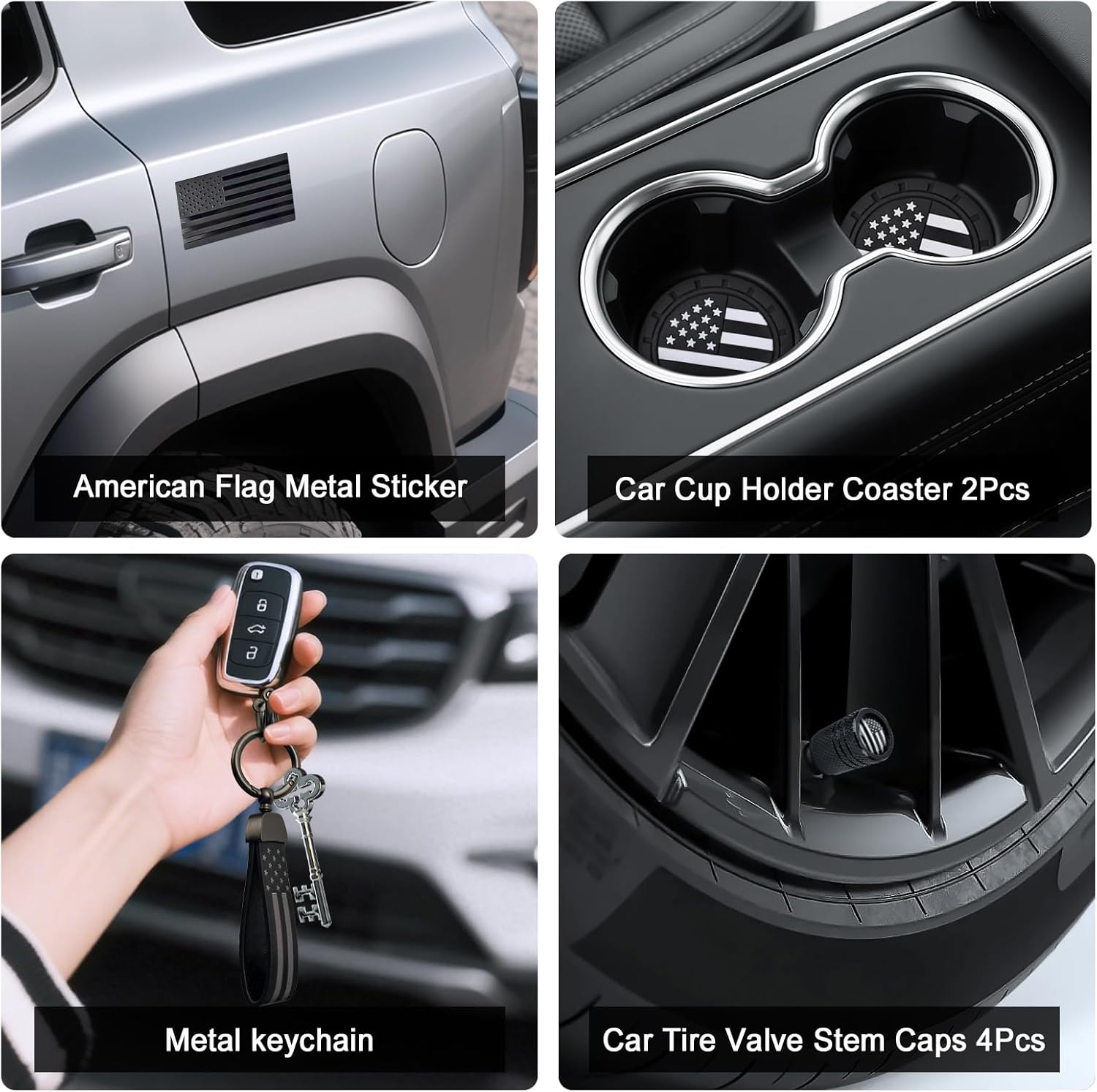 American Flag License Plate Frames Holder - 2 Pack Stainless Steel Rustproof USA Patriotic Car Tag Cover Holder with Free Screws Accessories + Metal Stickers & Keychain & Cup Holder Mats, Black Gray