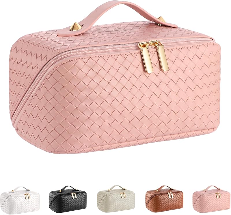 Necessaire de maquiagem para viagem ALEXTINA em couro vegano trançado, rosa