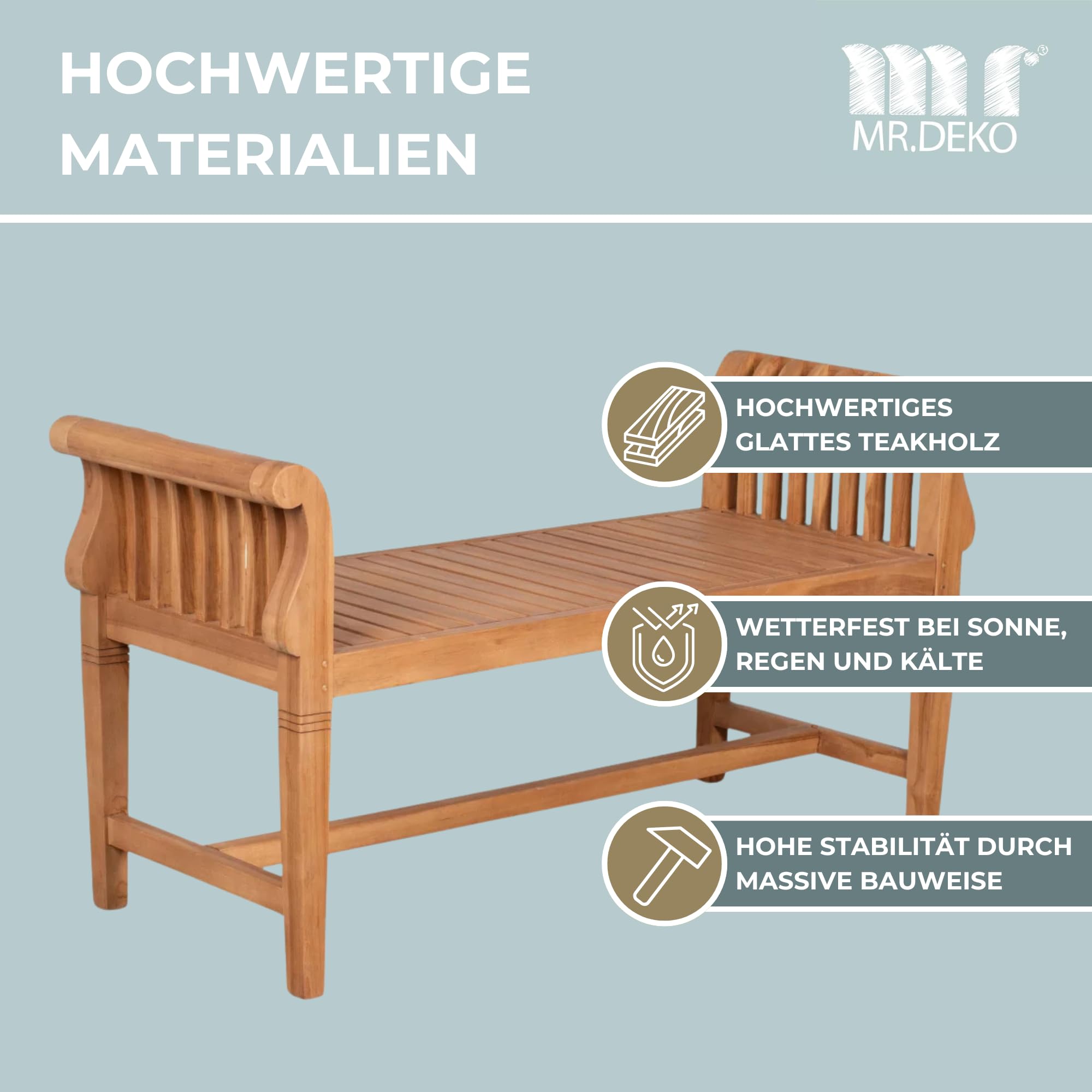 MR. DEKO Gartenbank 2-Sitzer Wigan 130cm Balkon Sitzbank-wetterfest | Holz Bank ohne Rückenlehne