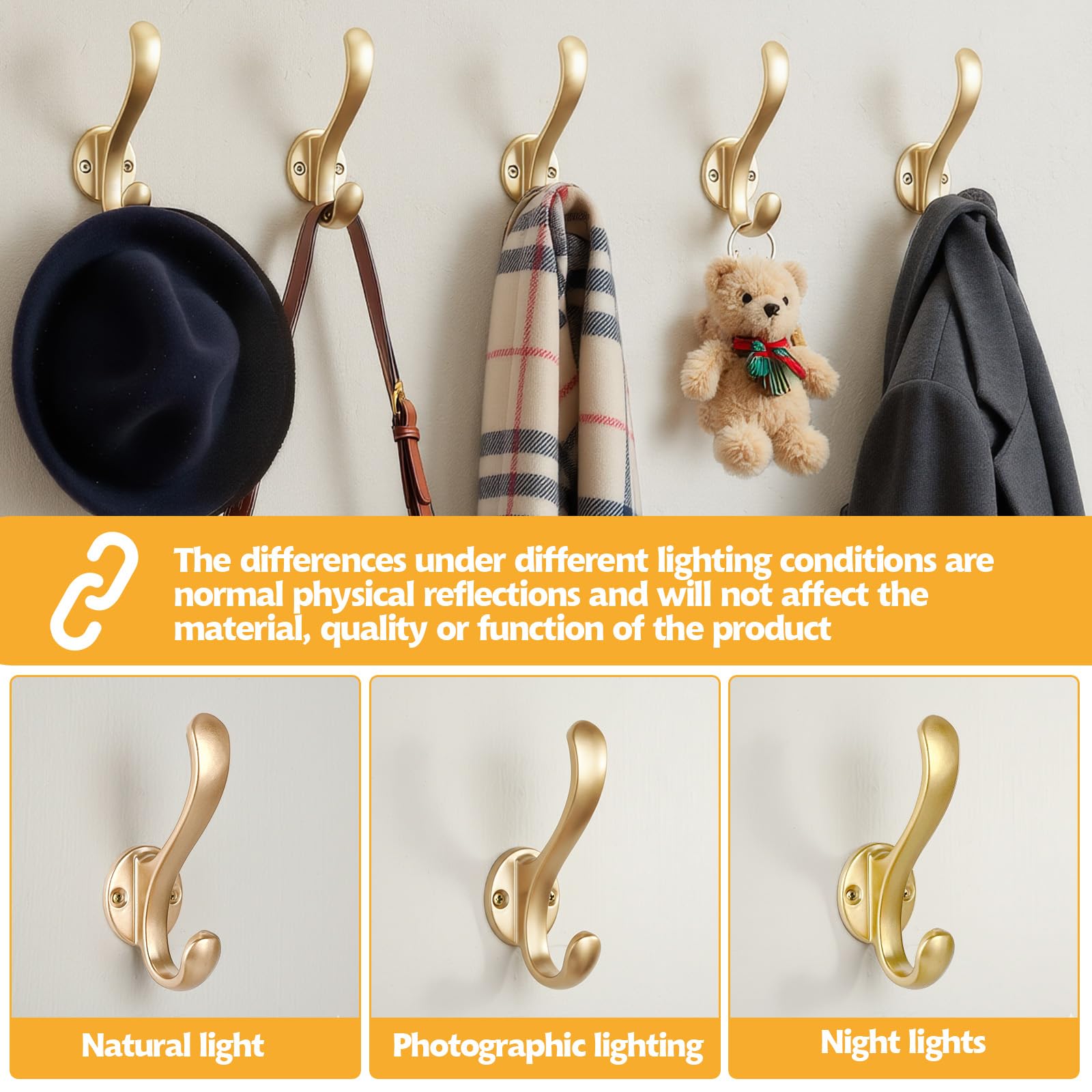 Confezione da 10 ganci appendiabiti da parete, resistenti, stile retrò, doppi ganci per appendere cappotti, cappelli, asciugamani, chiavi, accappatoi, sciarpe, borse, cappelli (oro)