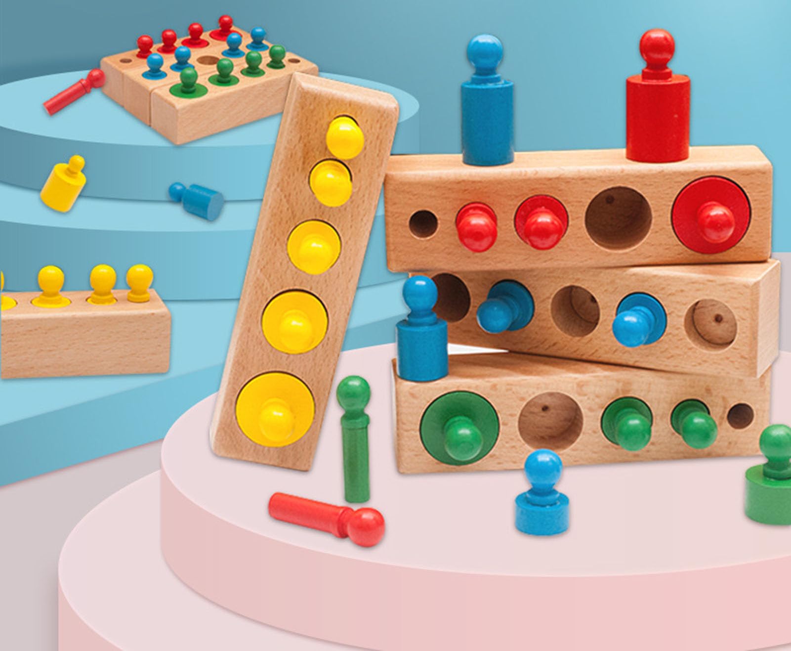 Holzzylinderblöcke mit Knöpfen, Spielzeug zum Sortieren und Zuordnen nach Größe