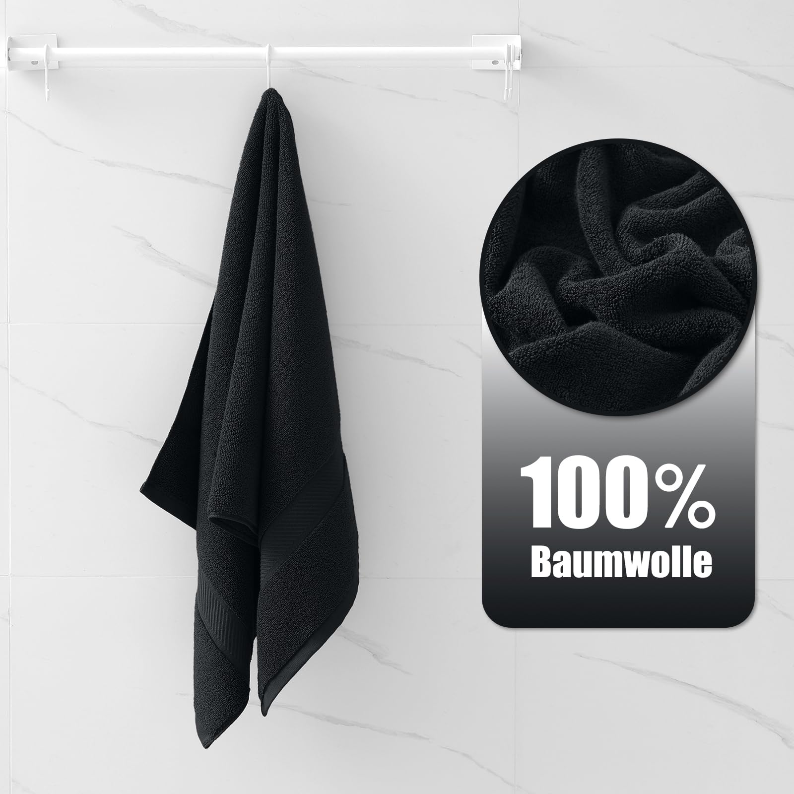 Homaxy Juego de 6 toallas de mano, 100 % algodón, 500 g/m², suaves y absorbentes, lavables hasta 60 °C, 2 toallas de baño de 70 x 140 cm y 4 toallas de mano de 50 x 100 cm, color negro
