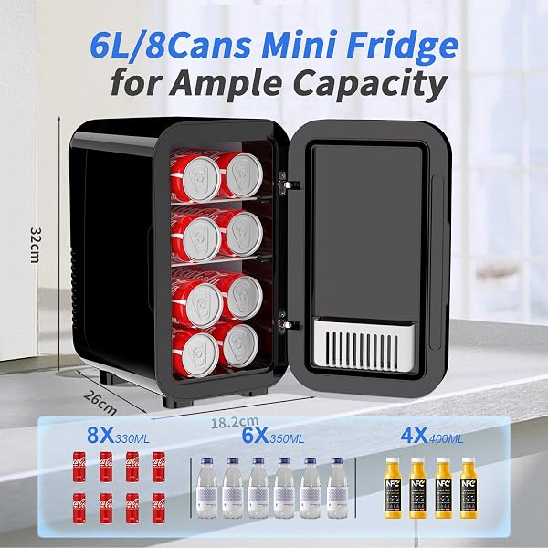 YASHE Mini Fridge, 6 Liter/8 Can 220-240V AC/DC Portable Thermoelectric Cooler Refrigerators for Bedroom, Skincare, Beverage, Office, Dorm Room and Car, Black - 2