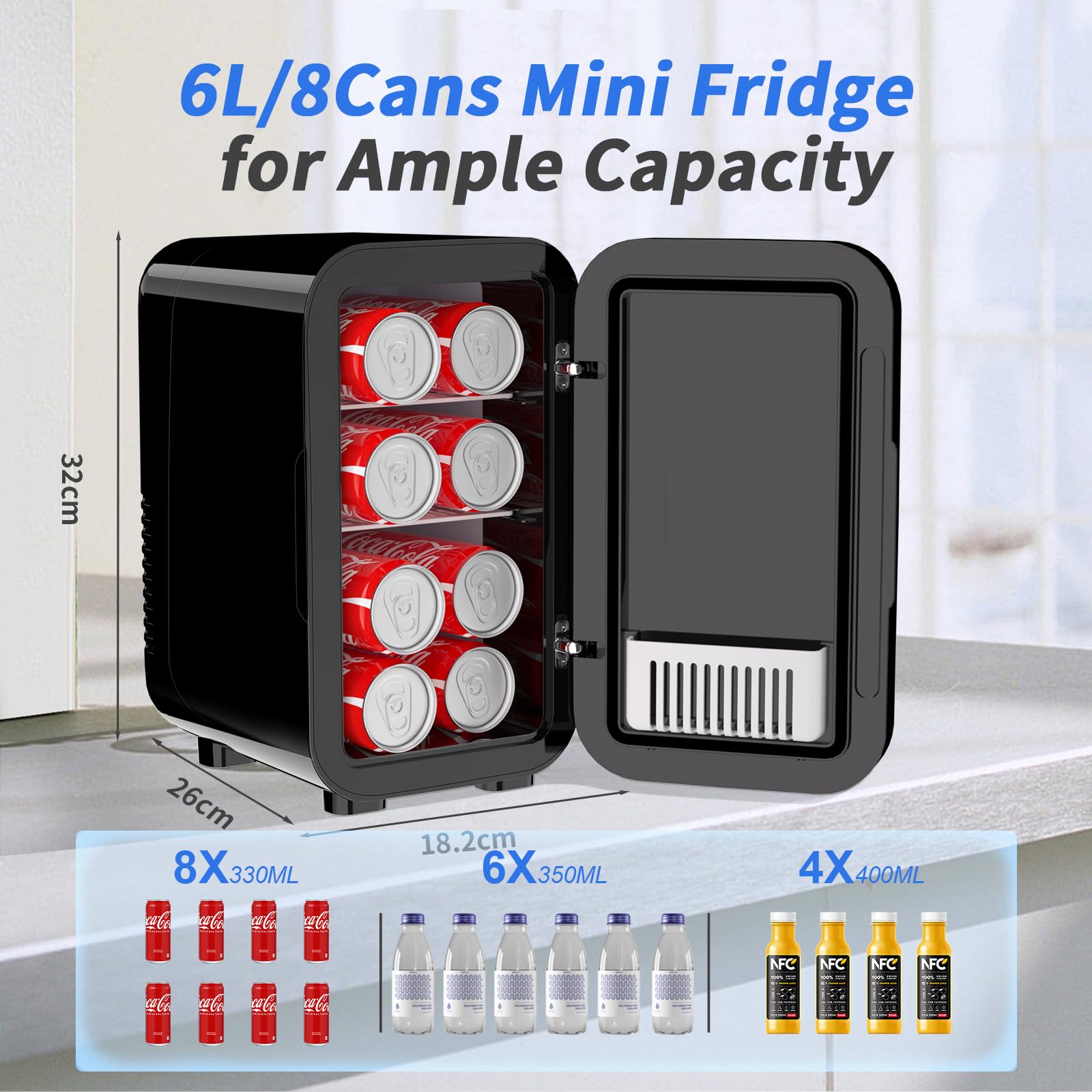 YASHE Mini Fridge, 6 Liter/8 Can 220-240V AC/DC Portable Thermoelectric Cooler Refrigerators for Bedroom, Skincare, Beverage, Office, Dorm Room and Car, Black — view 2