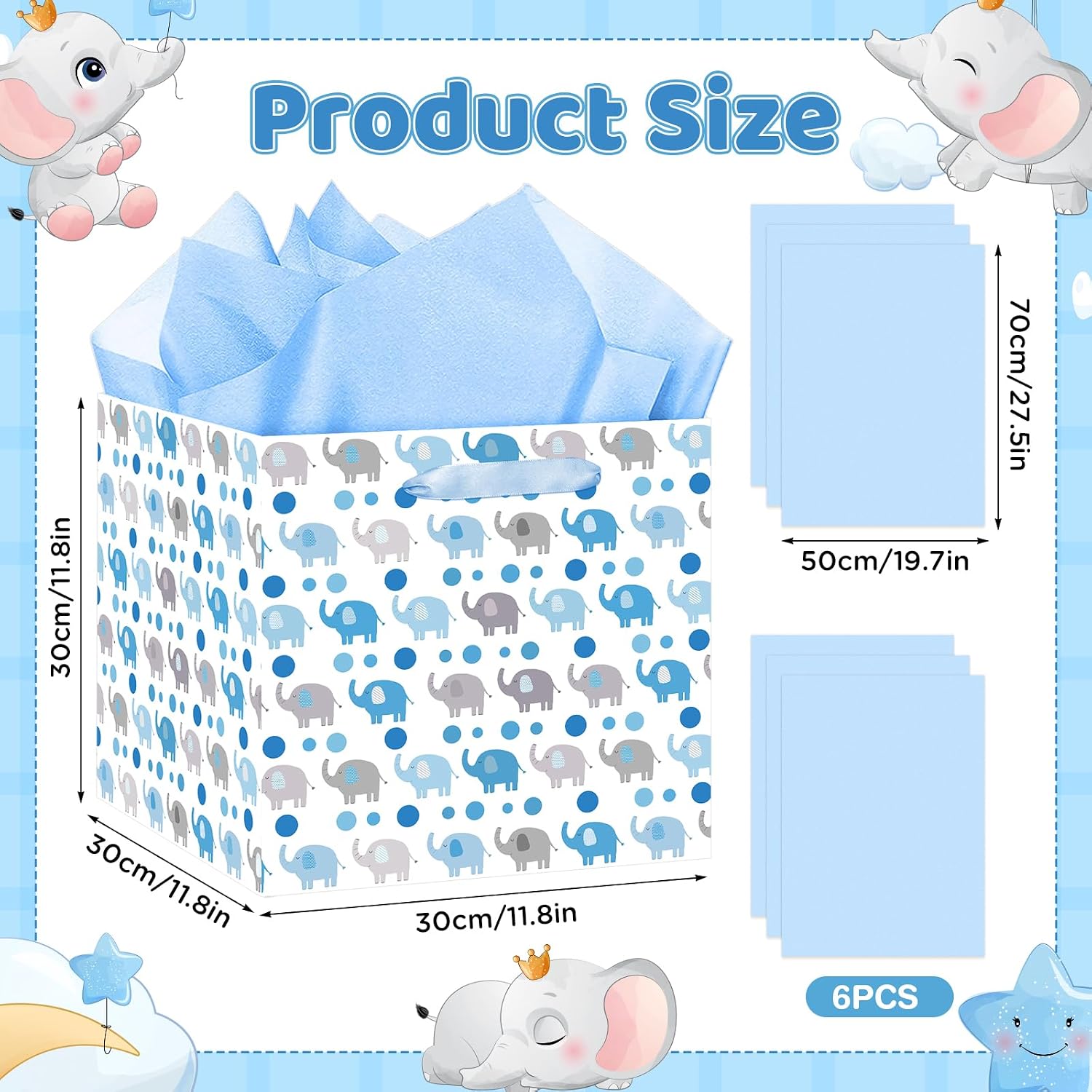Woosytoo Extra Large Baby Boy Gift Bags - Blue Elephant Square Gift Bag with Wrapping Paper Jumbo Baby Shower Wrapping Paper Bag for Newborn Congratulations Gifts It's a Boy Party Favors Decor image 3
