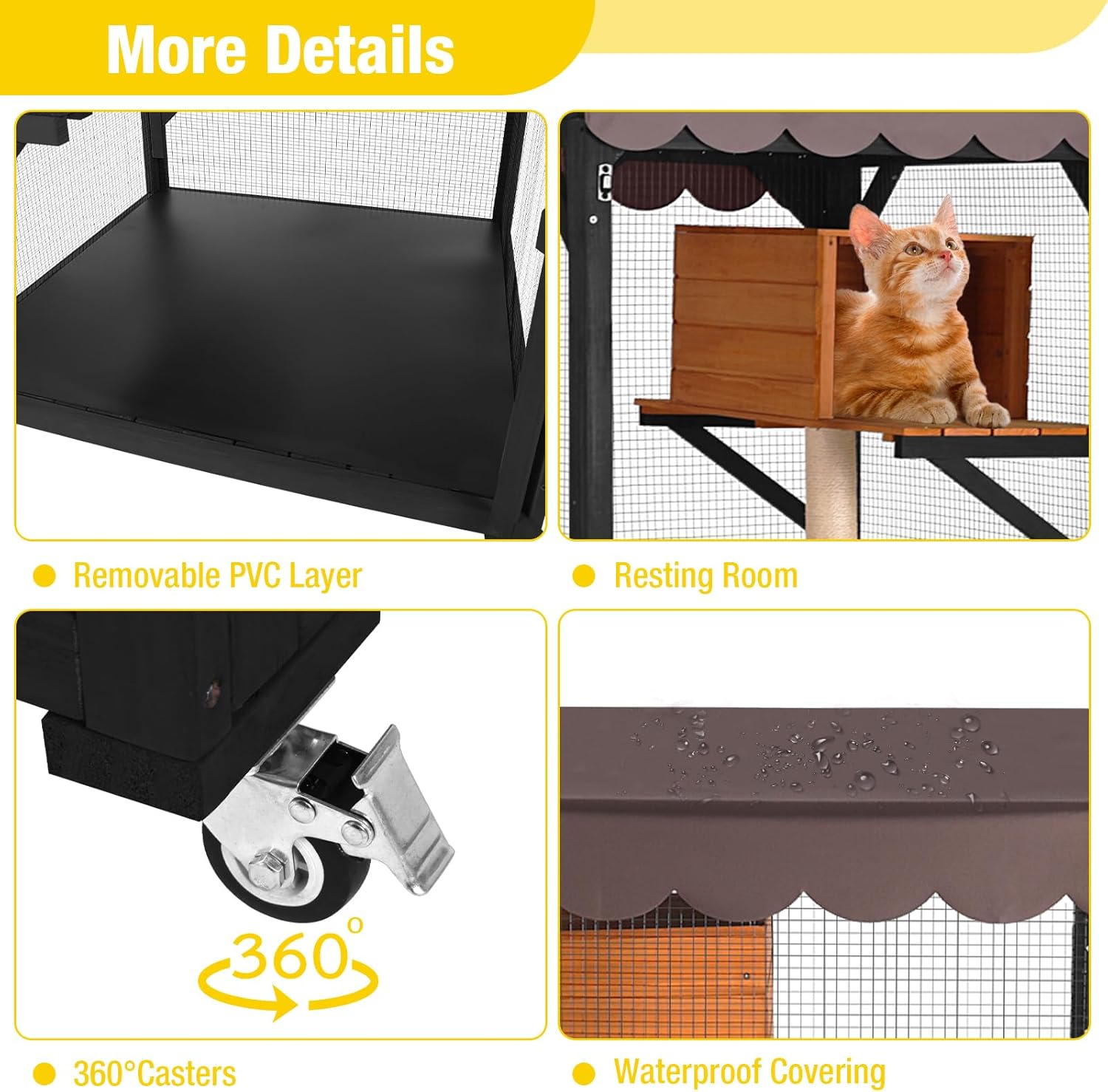 Aivituvin Catio Outdoor Cat Enclosure on Wheels Indoor Kitty House with Cat Bed, Scratching Post, Jumping Platforms, Waterproof Roof