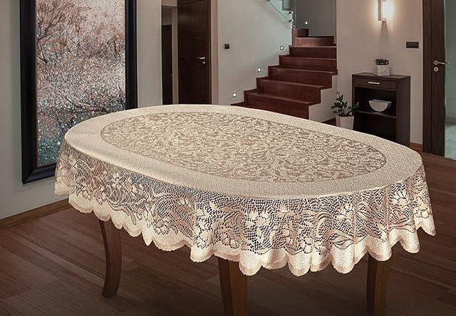 MforStyle Oval Tablecloth Heavy Lace Cream Golden Beige Large Premium Quality 55"x95" (140x241cm)