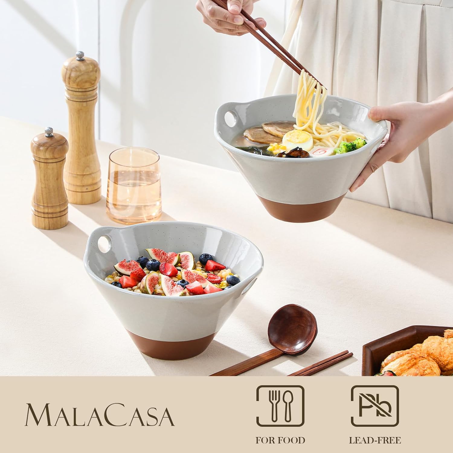MALACASA 42 oz Ceramic Ramen Bowl Set with Wooden Spoon & Chopsticks, Japanese Style Soup Bowls for Ramen, Pho, Noodles – Set of 2, Microwave & Dishwasher Safe, Series TARA (Gray and Khaki)