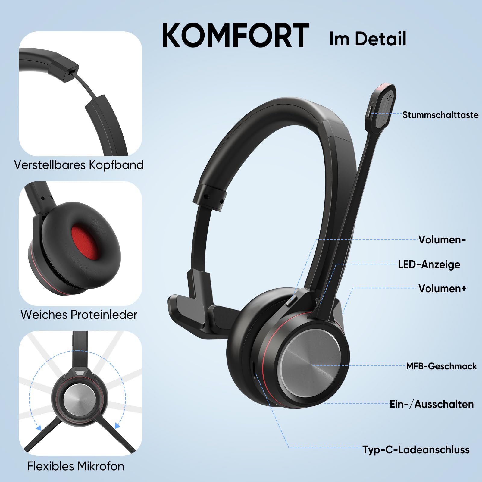 Bluetooth Headset mit Mikrofon, Wireless Headset mit USB Dongle Ladestation, Noise Cancelling Mikrofon, 40h Akku, Komfort Büro Headset für PC Laptop Callcenter Home Office Teams Zoom