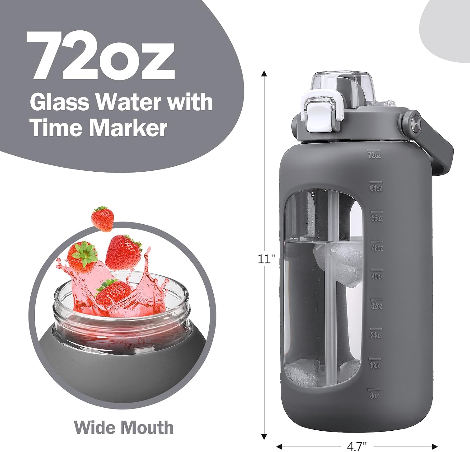 72oz Glass Water Bolttles, 3-in-1 Straw and Sip Spout Handle Lid, Half Gallon Water Bottle with Time Marker and Silicone Sleeve, BPA-Free Sports Water Bottle for Gym, School, Grey
