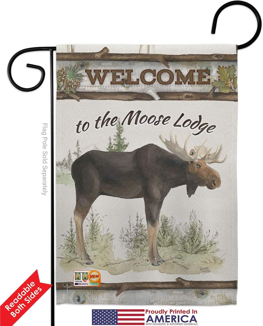 Breeze Decor The Moose Lodge Garden Flag Set Wall Holder Outdoor Rustic Lake Cabin Wildlife Adventure Forest Small Decorative Gift Yard House Banner Double-Sided Made in USA 13 X 18.5