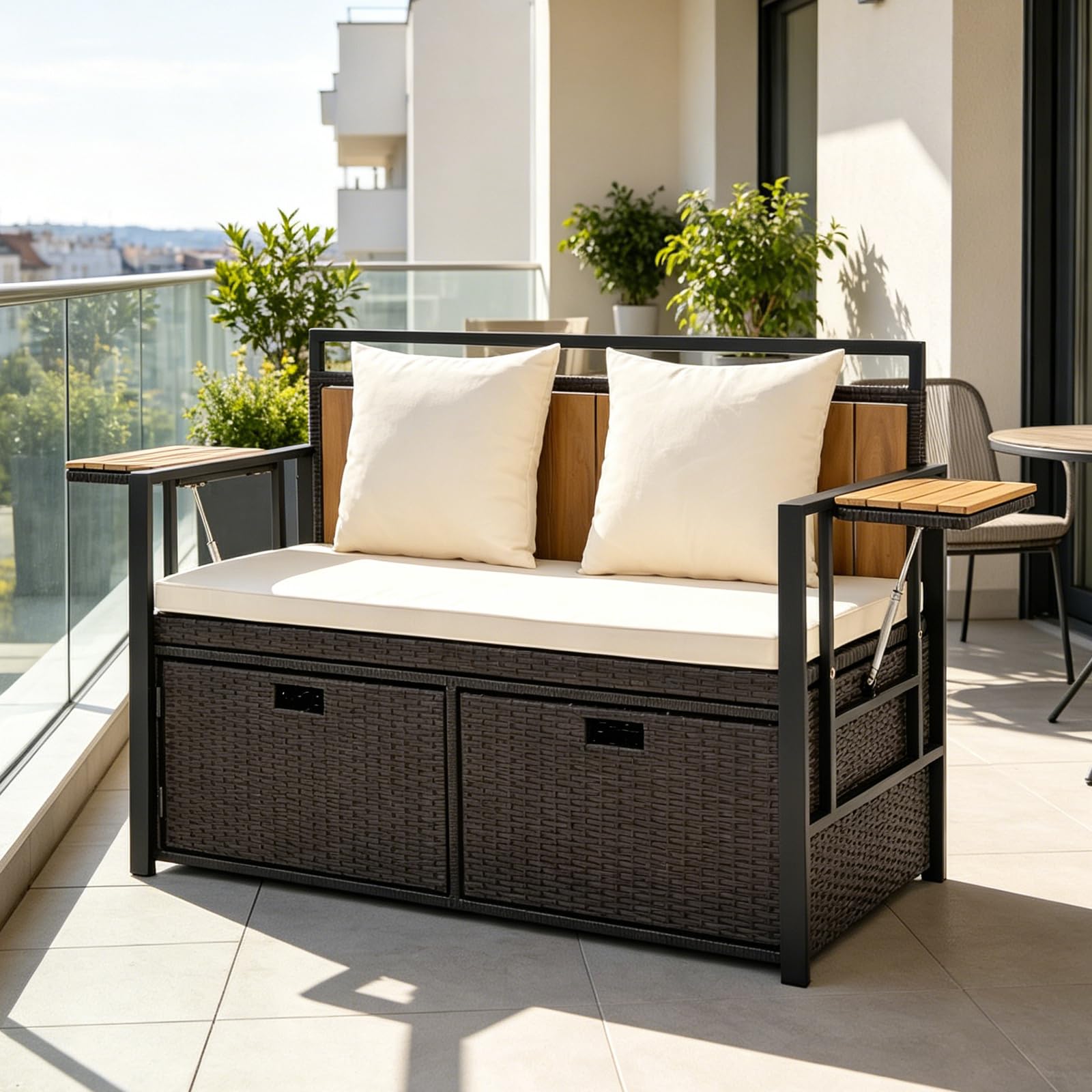 SOARS Banco Arcón Exterior para 2 Personas, Banco Jardín de Ratán con Compartimento de 142,5L, 2 Mesitas Plegables, Cojín y 2 Almohadas, Cofre de Almacenamiento para Patio, Terraza (Blanco)