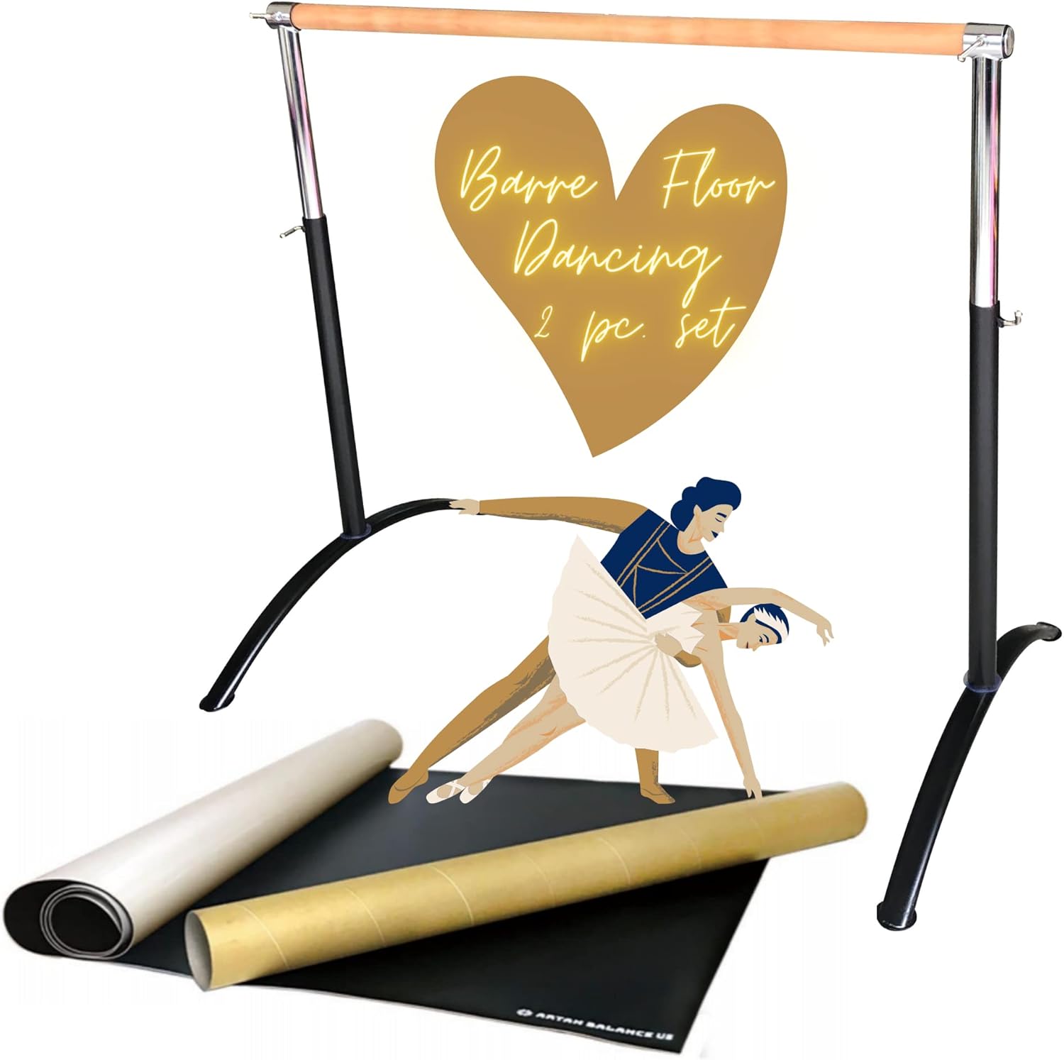 Artan Balance Marley Dance Floor and Ballet Barre Portable for Home or Studio, Freestanding Adjustable Single Bar, Kids and adults, 2 pc. Set