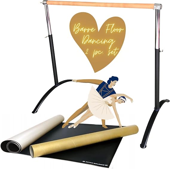Artan Balance Marley Dance Floor and Ballet Barre Portable for Home or Studio, Freestanding Adjustable Single Bar, Kids and adults, 2 pc. Set