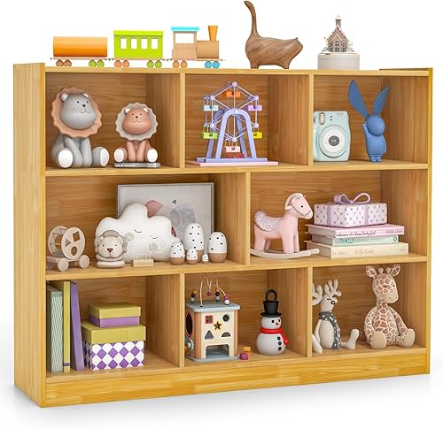 Miniatura 11 de KOTEK Organizador de almacenamiento de juguetes, estantería infantil de 5 cubos, estantería de madera de 3 niveles, estante abierto para guardería,