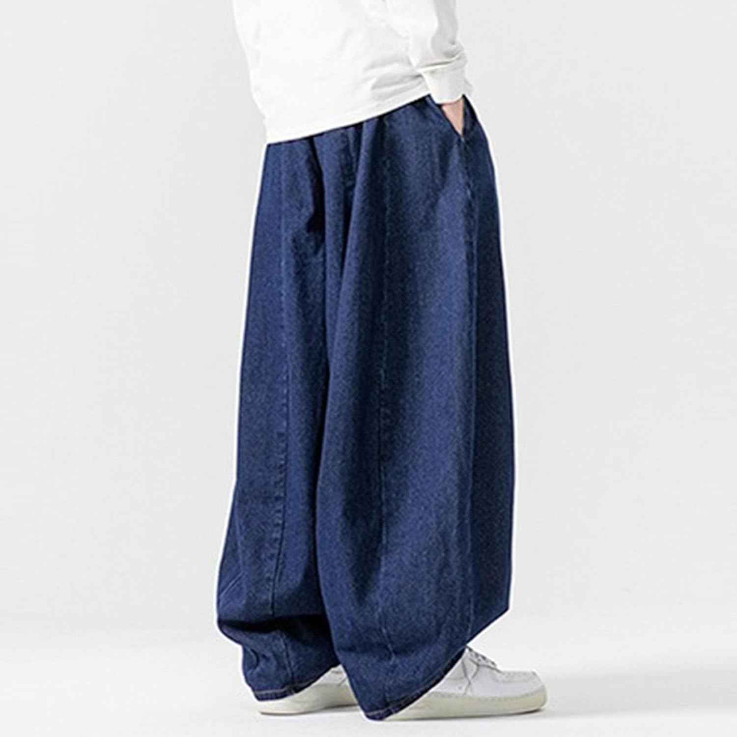 Men's Loose Wide-Leg Drawstring Jeans Casual Baggy Lightweight Trousers Elastic Waist Fit Denim Pants