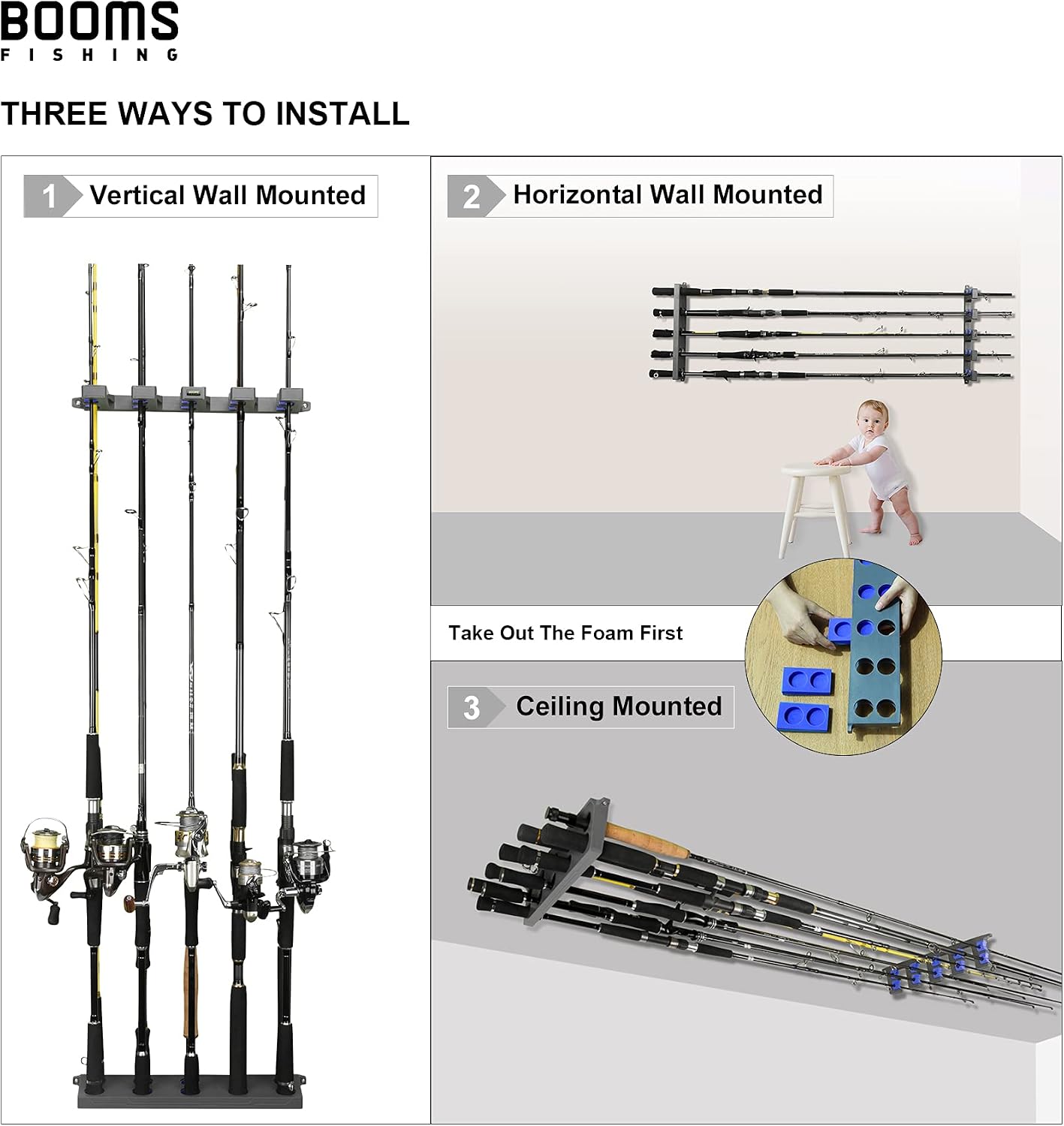 Booms Fishing Rod Rack, Wall-Mount, 10-Rod Capacity, Gray and Blue, photo 3 of 7
