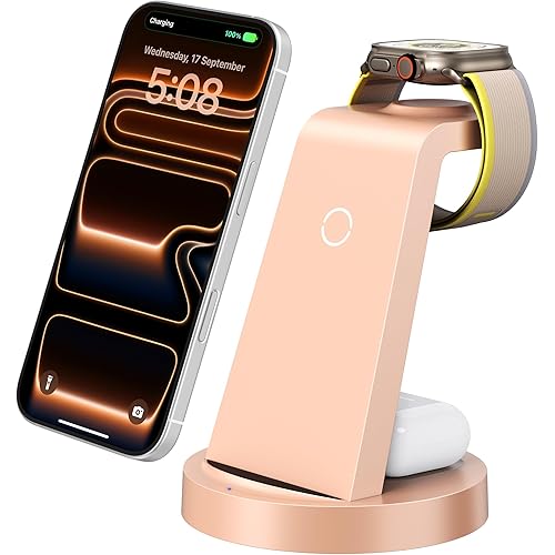 Anlmz 3 in 1 Charging Station for iPhone, Wireless Charger for iPhone 17 16e 16 15 14 13 12 11 X Pro Max & Apple Watch - Charging Stand Dock for AirPods (Rose)