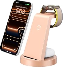 Estación de carga 3 en 1 para iPhone, cargador inalámbrico para iPhone 17 16e 16 15 14 13 12 11 X Pro Max y Apple Watch - Base de carga para AirPods (rosa) | Fast Charge Stand for iPhone 17-8 iWatch Airpods 4 3 Pro No Tangled Cables Ideal for Desk Bedside with 18W Adapter Rose