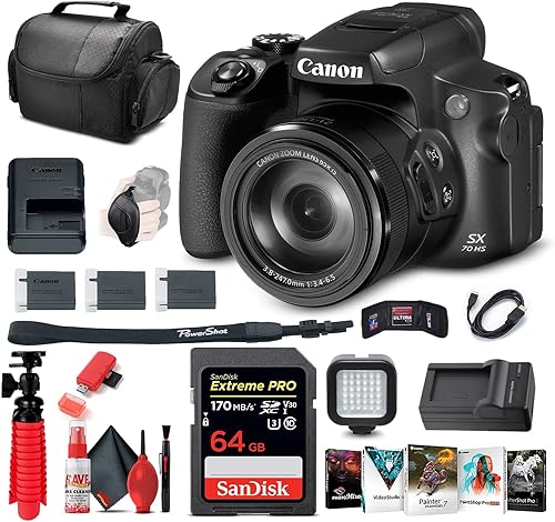 Canon Cámara digital PowerShot SX70 HS (3071C001) + tarjeta de 64 GB + software de foto Corel + 2 baterías LPE12 + cargador externo + lector de