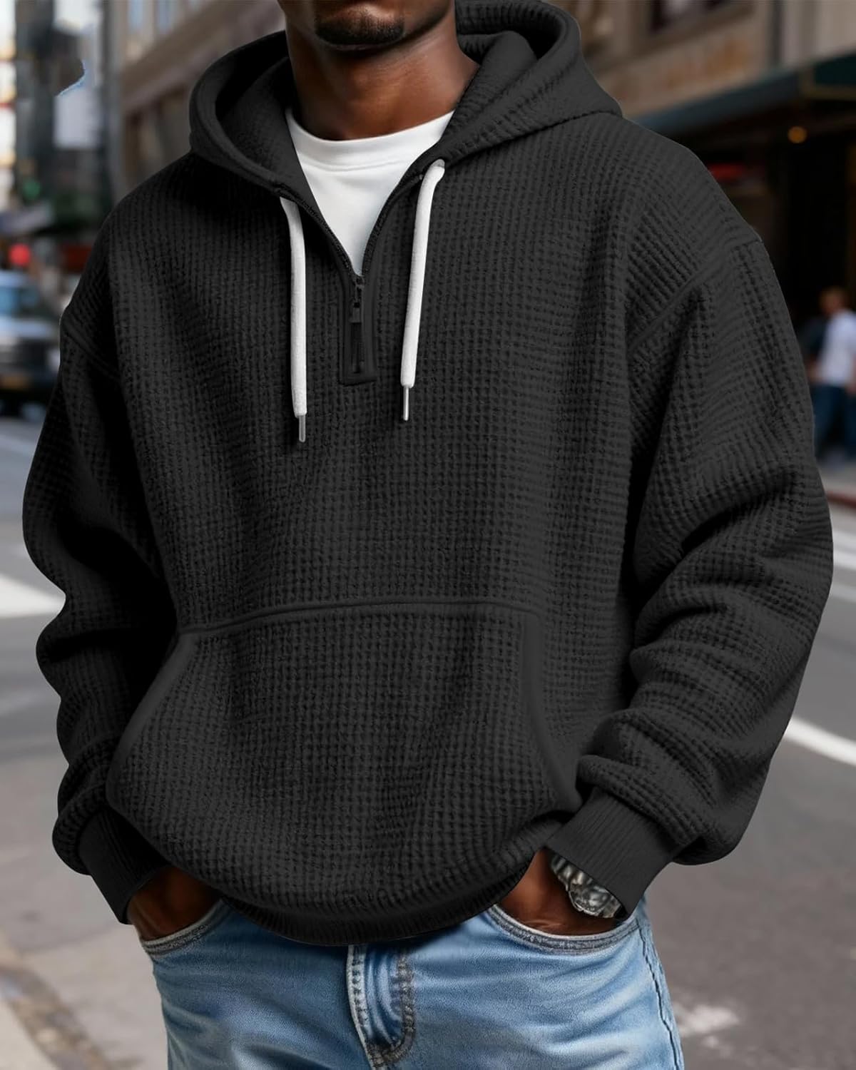 PIDOGYM Men's Quarter Zip Hoodie Waffle Knit Pullover Long Sleeve Casual Loose Fit Sweatshirt Hooded Tops with Pockets - Image 3