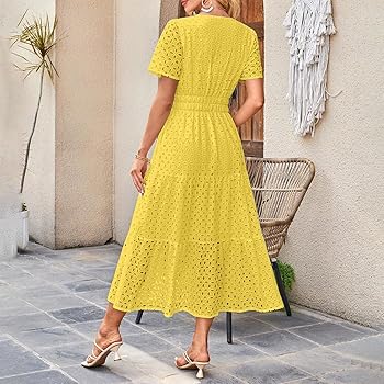 Women's Short Sleeve V Neck Hollow Out Eyelet A Line Dresses,Summer Short  Sleeve Eyelet Maxi Dresses (Apricot,Small) at Amazon Women's Clothing store