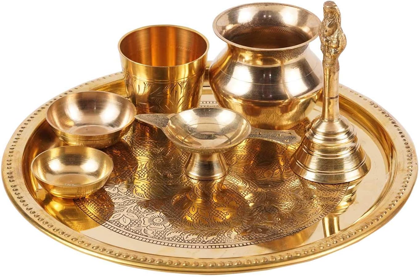 Brass Pooja Thali Set Floral Engraved Puja Aarti Thali Home Decoration Accessories, 23 cm Diameter