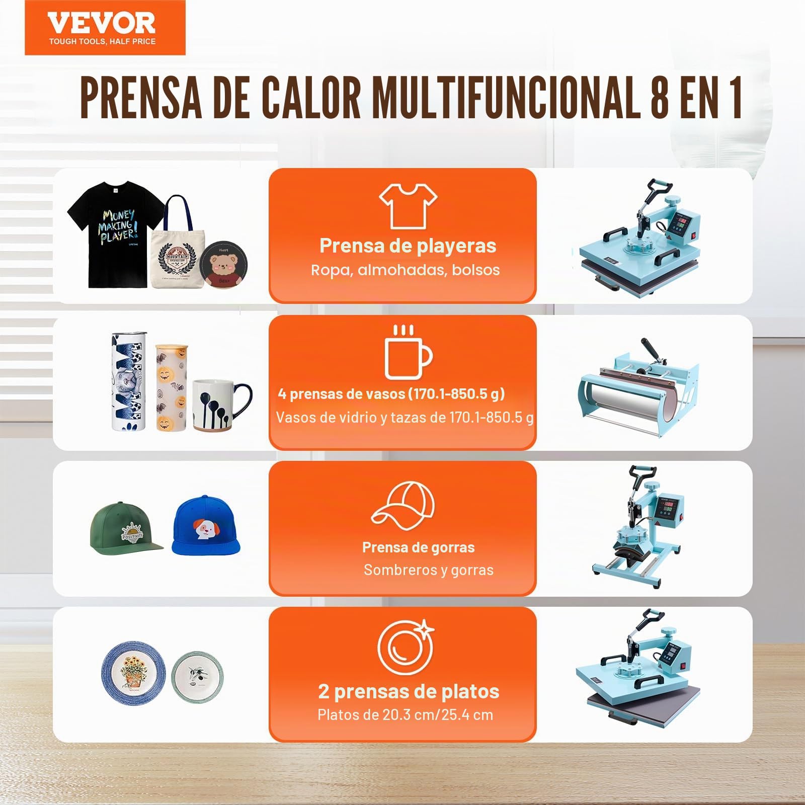 VEVOR 5 en 1 Máquina de Prensado por Calor con Prensa de Vaso de 887 ml, 380 x 380 mm, Prensa Térmico con Giro de 360° con Control Digital Preciso para Camisetas, Tazas, Sombreros y Platos, Verde