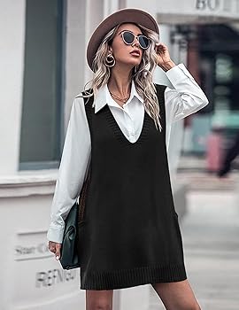 Beyove Women Oversized V Neck Sleeveless Knit Pullover Ribbed Sweater Vest  Dress with Pockets Black at Amazon Women's Clothing store