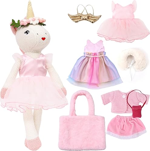 Muñeca de unicornio de peluche para niñas, muñeca bailarina, bolsa de transporte de felpa, 3 juegos de accesorios de tela, regalos de ganchillo para