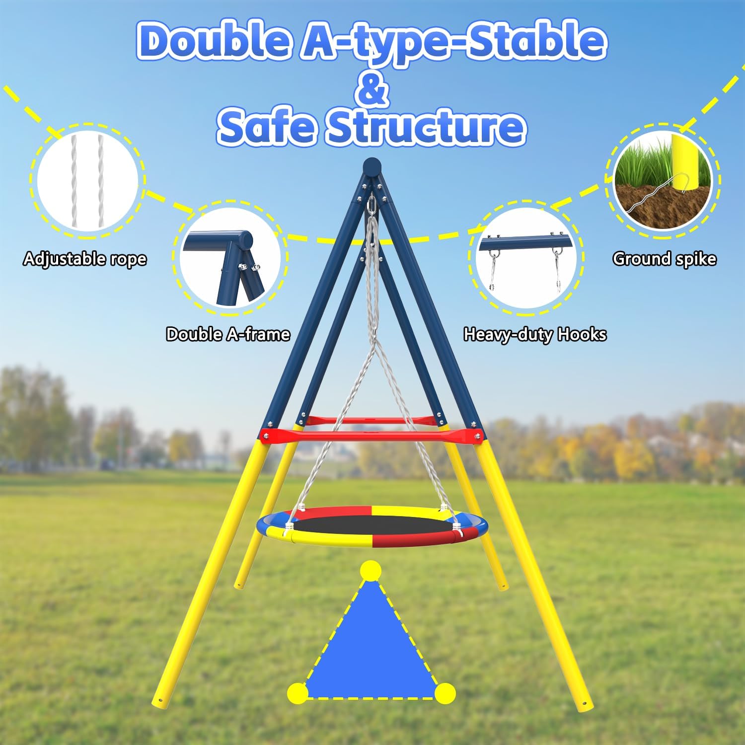 Mersco Saucer Swing with Stand for Kids Outdoor, 440 lbs Heavy Duty A-Frame Outdoor Playset with Big Saucer Swing & Adjustable Ropes, Safe Waterproof Round Playset for Backyard Playground Park, Blue