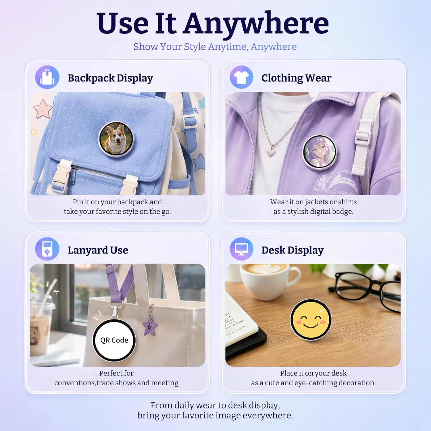 HD Digital Badge Pin with TouchScreen, Personalized E Badge for Backpack | Electronic Digital Display Badge with Custom Photo GIF Video Slideshow, Lightweight Pixel Display Smart Button Gift