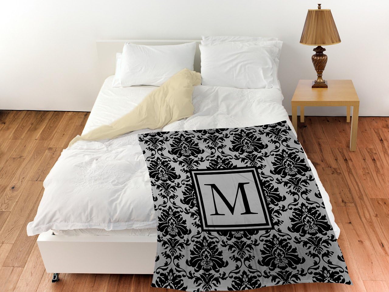 Manual Woodworkers & Weavers Coral Fleece Throw, 60 by 80-Inch, Monogrammed Letter M, Black and Grey Damask