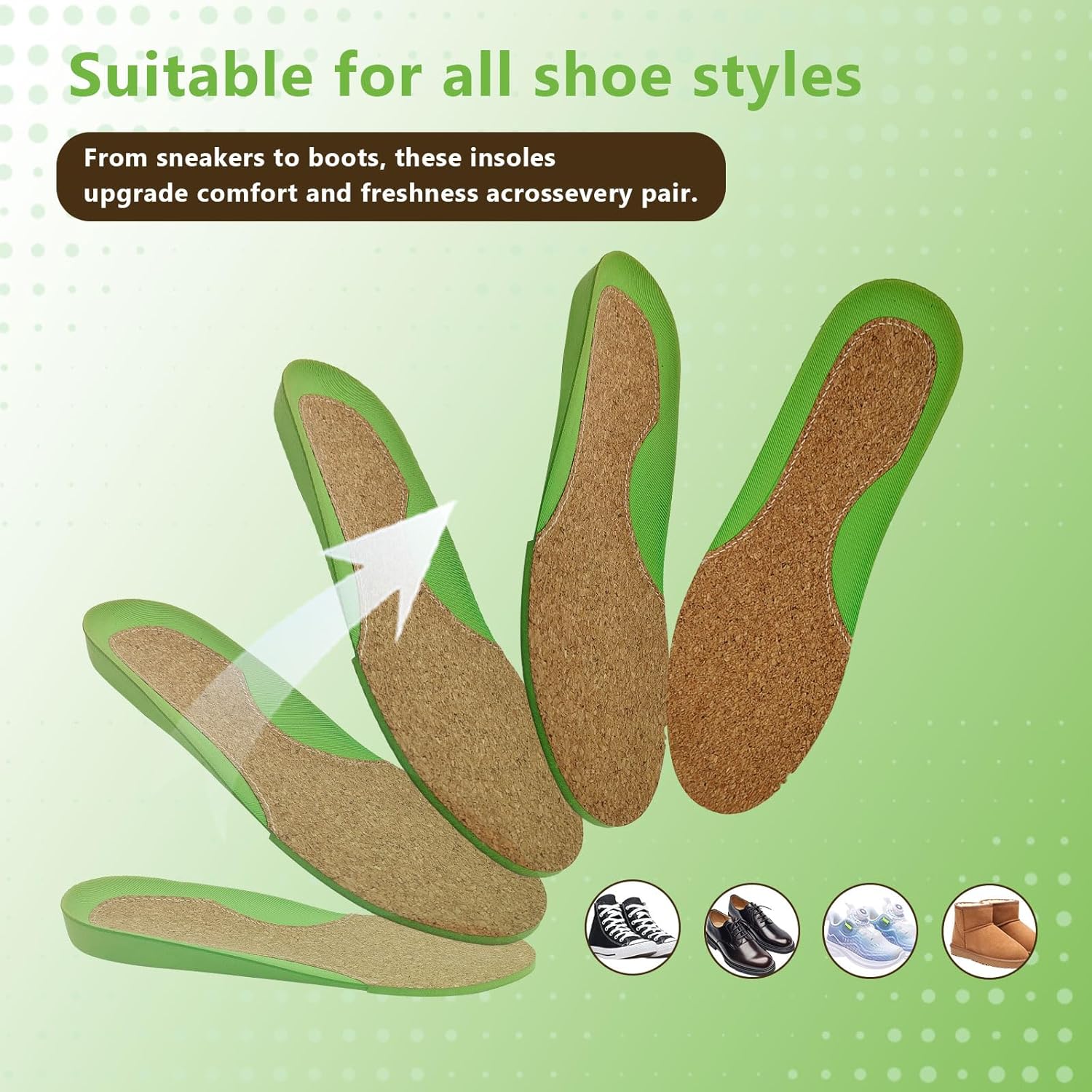 Cork Insoles for Men & Women – Arch Support Bio-Foam Shoe Inserts, Washable Orthotic Cushion Insoles for Sneakers & Work Shoes（M12-310） - Image 4