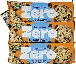 Gullon Zero Sugar Free Choc Chip Cookies x3 with Kitchen Fella Healthy Eating Postcard | No Sugar, High Fibre, No Colours or Preservatives | Guilt-Free Snack Pack for Adults & Kids