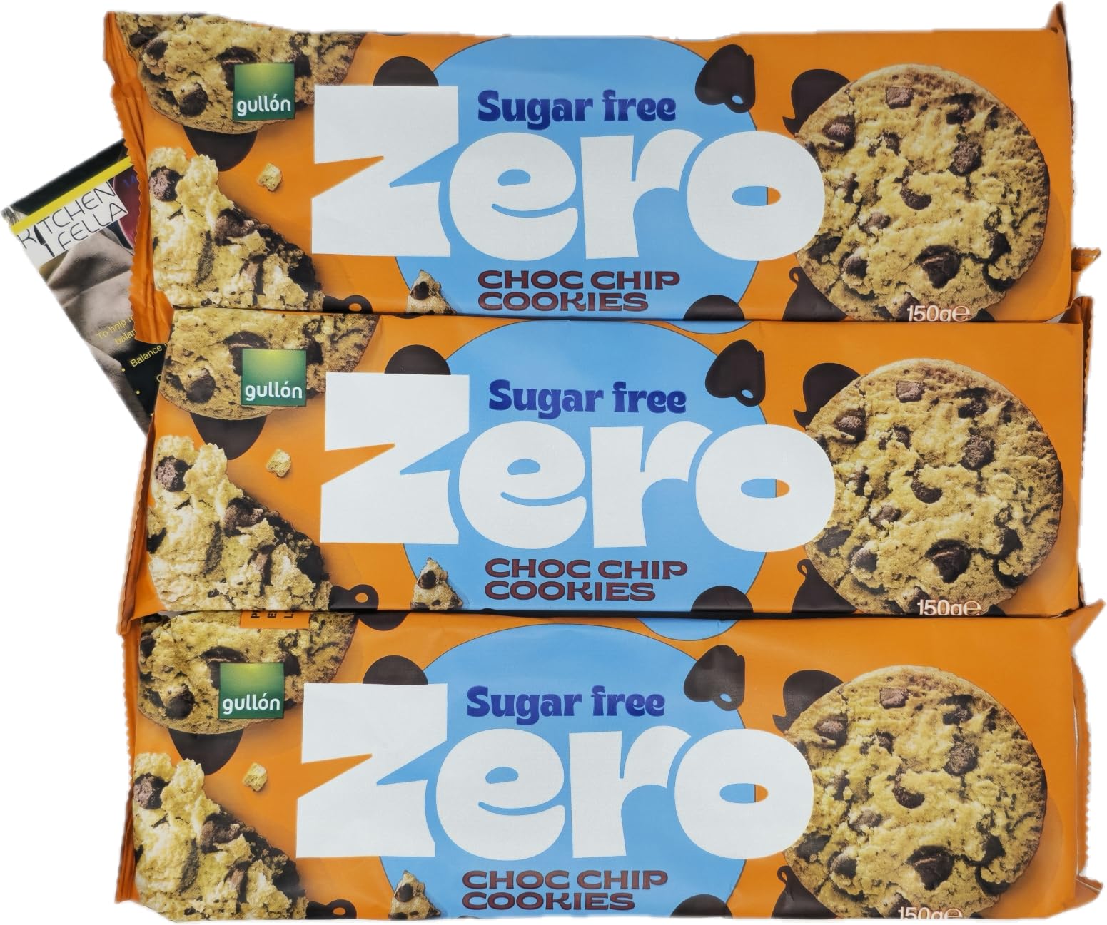 Gullon Zero Sugar Free Choc Chip Cookies x3 with Kitchen Fella Healthy Eating Postcard | No Sugar, High Fibre, No Colours or Preservatives | Guilt-Free Snack Pack for Adults & Kids