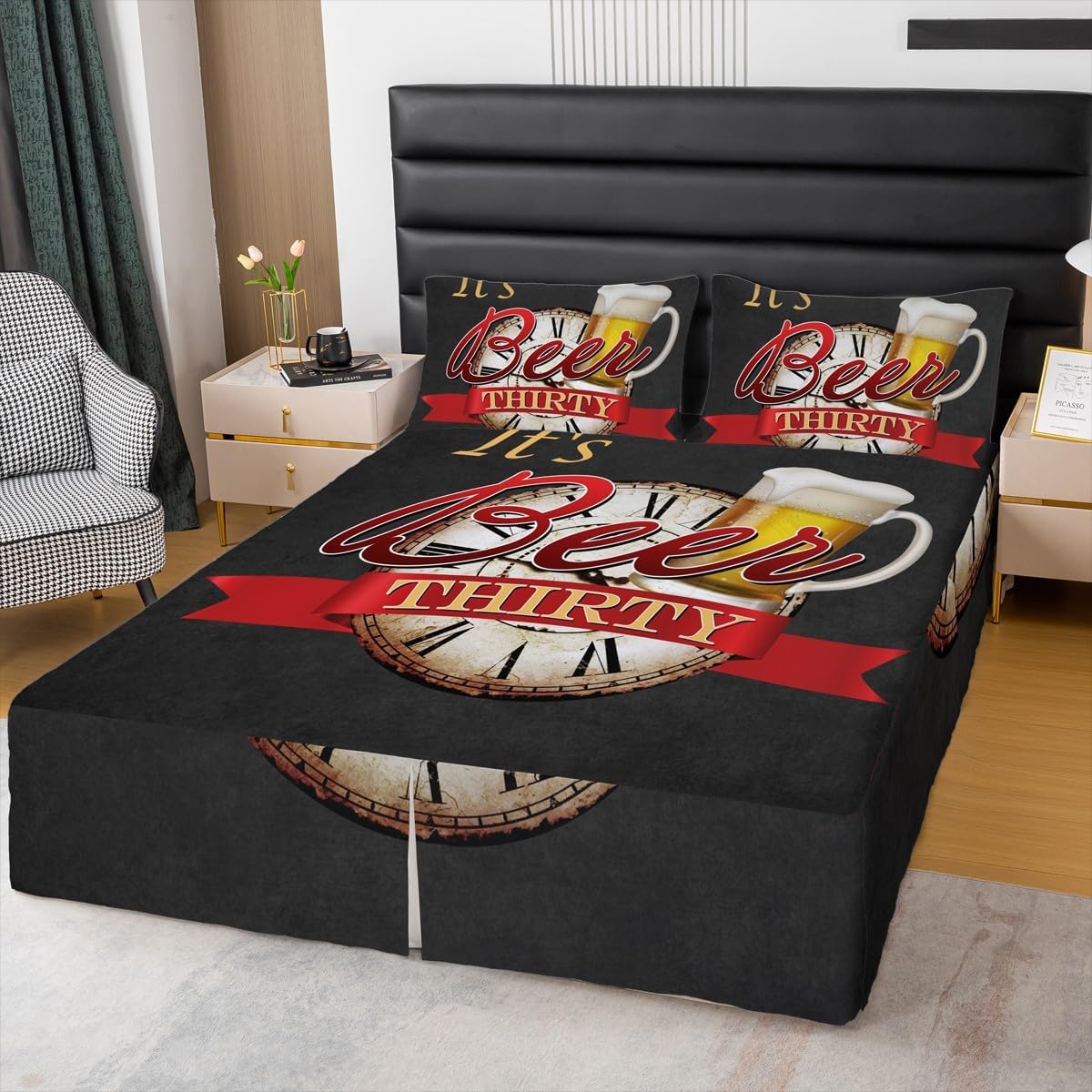 Cheer and Beer Theme Bedskirt King Size Beer Festival Bedding Set 3Pcs for Kids Boys Men Adult Room Decor Teens Black Red Fashion Bed Skirt Drink Style Split Corner Bed Wrap,2 Pillowcases