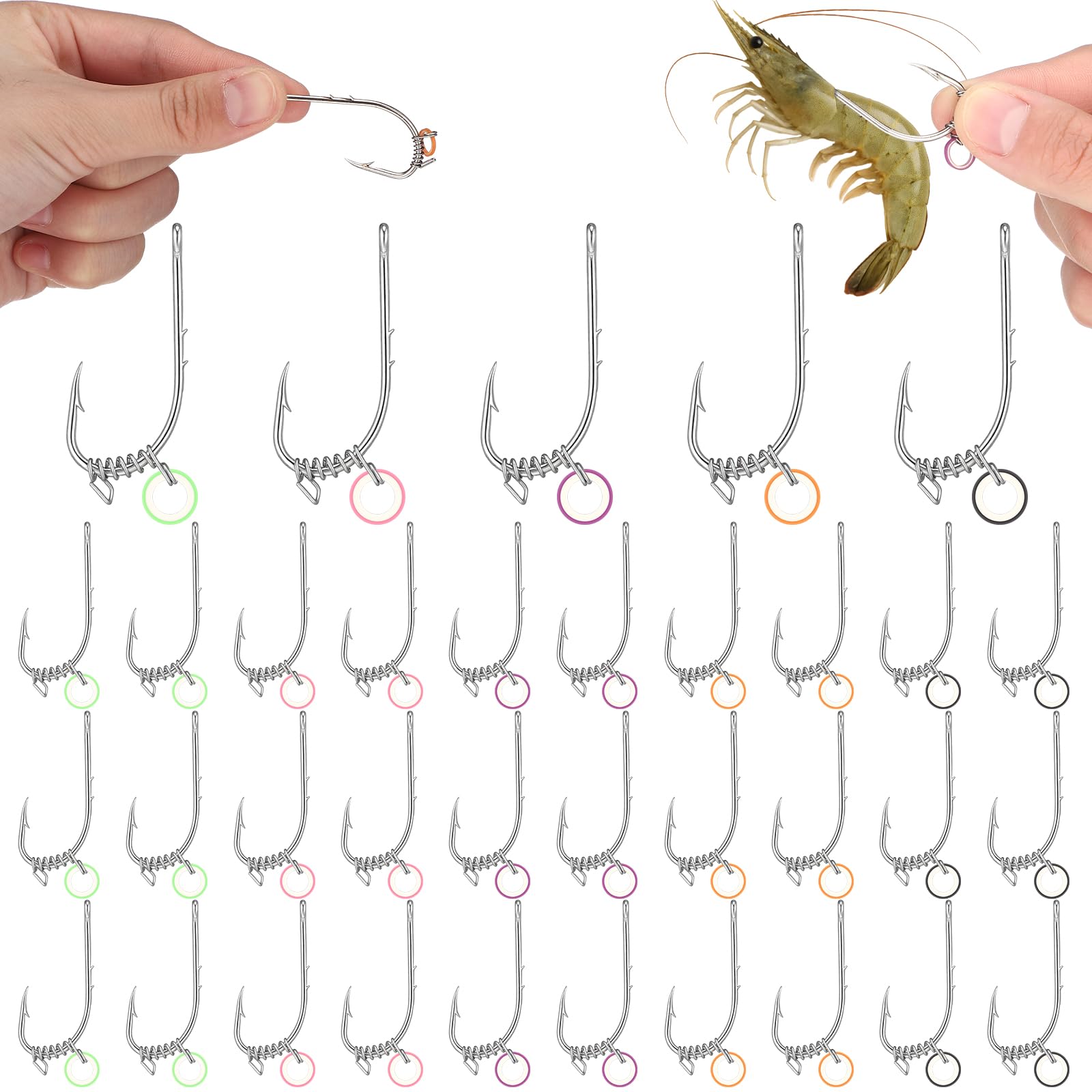 Soulchen 35-Pack Live Shrimp Hooks Set, Size 2/3/4 (10 Each) & 5 (5 Pcs), Carbon Steel Barbed Fishing Hooks for Freshwater Saltwater, Multi-Size Kit for Carp Shrimp Catfish Lure