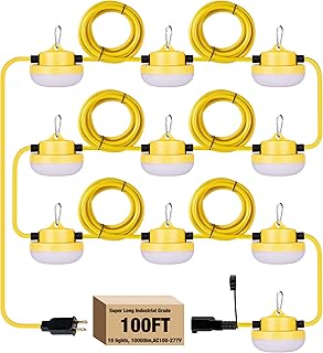100FT Construction String Lights 80W 10000LM AC100-277V Industrial LED String Work Lights IP65 Waterproof 125LM/W Extral Efficient for Construction Sites Temporary Work Jobsite Outdoor Lighting